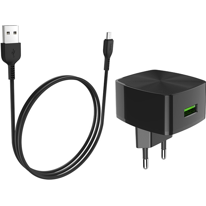 Зарядний пристрій HOCO C70A Cutting-Edge 1xUSB-A, QC3.0, 18W Black w/Micro-USB cable (6931474706645)