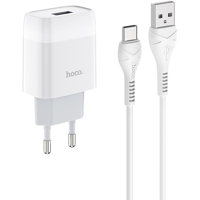 Зарядное устройство HOCO C72A Glorious 1xUSB, 2.1A White w/Type-C cable (6931474713018)