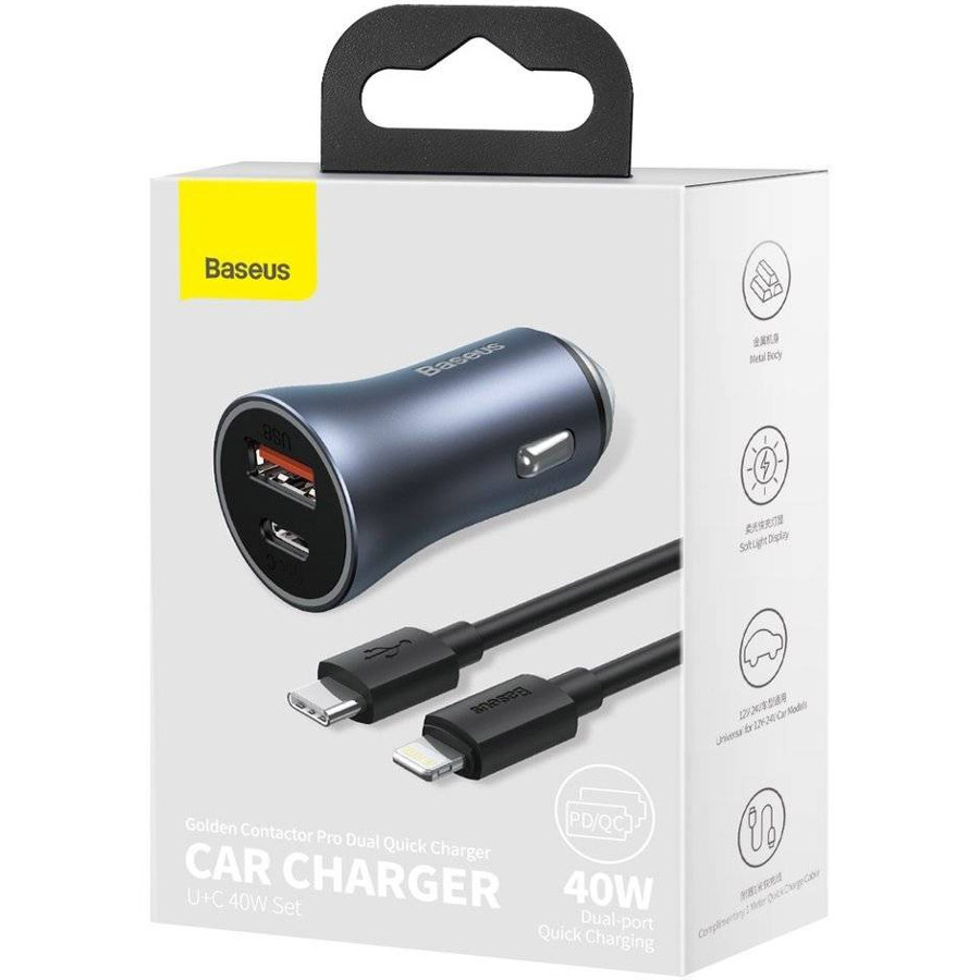 Автомобільний зарядний пристрій BASEUS Golden Contactor Pro Dual QC U+C 40W Dark Gray w/Type-C to Lightning cable (TZCCJD-B0G)