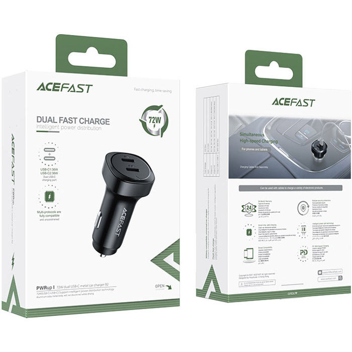 Автомобільний зарядний пристрій ACEFAST B2 Fast Charge Car Charger 72W (2xUSB-C, PD3.0 36W) Black