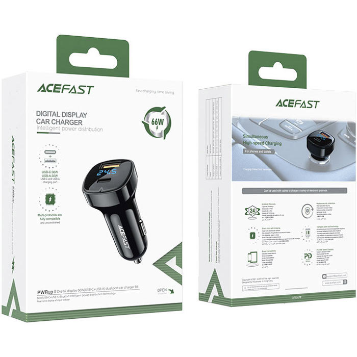 Автомобільний зарядний пристрій ACEFAST B4 Fast Charge Car Charger 66W (1xUSB-C, 1xUSB-A, PD3.0 36W, QC3.0 30W) Black