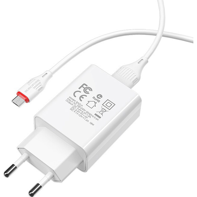 Зарядний пристрій BOROFONE BA21A Long Journey 1xUSB-A White w/Micro-USB cable