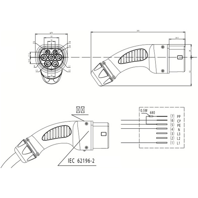 Конектор для електромобіля DUOSIDA Type 2, 22кВт, 32A, 3 фази (EV200191)