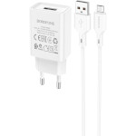 Зарядний пристрій BOROFONE BA68AM Glacier 1xUSB-A, 2.1A White w/Micro-USB cable