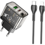 Зарядное устройство HOCO N34 Dazzling 1xUSB-A, 1xUSB-C, PD20W, QC3.0 Black w/Type-C to Lightning cable (6931474799173)