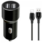 Автомобільний зарядний пристрій XO TZ09 2xUSB-A, 2.4A Car Charger Black w/Lightning cable (XO-TZ09L-BK)