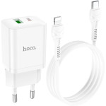 Зарядний пристрій HOCO N28 Founder 1xUSB-A, 1xUSB-C, PD20W, QC3.0 White w/Type-C to Lightning cable (6931474783530)