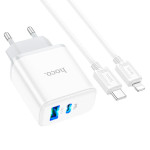 Зарядний пристрій HOCO C105A Stage 1xUSB-A, 1xUSB-C, PD20W, QC3.0 White w/Type-C to Lightning cable (6931474782939)