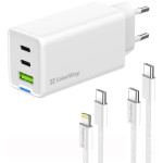 Зарядний пристрій COLORWAY GaN Mini 65W 1xUSB-A, 2xUSB-C Fast Charging White w/Lightning+Type-C cable (CW-CHS058PDCL-WT)