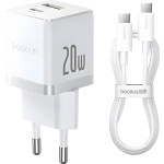Зарядний пристрій BASEUS Palm Fast Charger C+U 20W EU White w/Type-C cable (P10111608213-01)