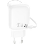 Зарядний пристрій XO QC17 1xUSB-C 30W Gallium Nitride Fast Charger w/Retractable Type-C Cable White (XO-QC17)