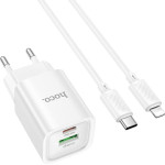 Зарядний пристрій HOCO C149A Charm 1xUSB-A, 1xUSB-C, PD30W, QC3.0 White w/Type-C to Lightning cable (6974464673398)