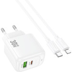 Зарядний пристрій HOCO CS55A Surplus 1xUSB-A, 1xUSB-C, PD30W, QC3.0 White w/Type-C to Lightning cable (6942007631556)