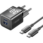 Зарядний пристрій VENTION 1xUSB-C, 1xUSB-A GaN Wall Charger 30W Black w/Type-C cable (TZ-FEQB0-EU-01)