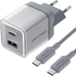 Зарядний пристрій VENTION 1xUSB-C, 1xUSB-A GaN Charger 70W Gray w/Type-C cable (TZ-FCGH0-EU)