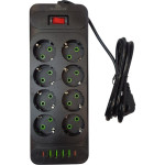 Сетевой фильтр XOKO SP-8-4-2 (F34U) Black, 8 розеток, 2xUSB-C, 4xUSB, 2м