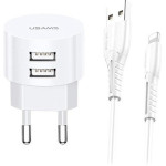 Зарядное устройство USAMS T20 Dual USB Round Travel Charger White w/Lightning cable (XTXLOGT1804)