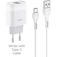 Зарядное устройство HOCO C73A Glorious 2xUSB, 2.4A White w/Type-C cable (6931474713070)