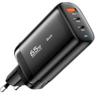 Зарядное устройство ESSAGER Shining 65W 1xUSB-A, 2xUSB-C, PD3.0, QC3.0 GaN Travelling Charger Black (ECT2CA-MYB01)