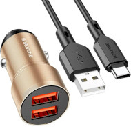 Автомобильное зарядное устройство BOROFONE BZ19 Wisdom 2xUSB-A, 2.4A Gold w/Type-C cable (BZ19CG)