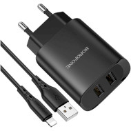 Зарядное устройство BOROFONE BN2 Super Fast 2xUSB-A, 2.1A Black w/Lightning cable (BN2LB)