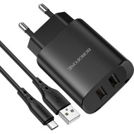 Зарядное устройство BOROFONE BN2 Super Fast 2xUSB-A, 2.1A Black w/Micro-USB cable