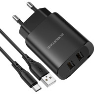 Зарядное устройство BOROFONE BN2 Super Fast 2xUSB-A, 2.1A Black w/Type-C cable