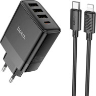 Зарядное устройство HOCO C127A Intelligent 1xUSB-C, 3xUSB-A, PD45W, QC3.0 Black w/Type-C to Lightning cable (6942007607933)