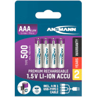 Аккумулятор ANSMANN AAA 500mAh, Type-C зарядка 4шт/уп (1311-0028)