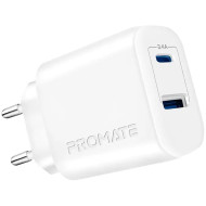 Зарядное устройство PROMATE BiPlug-2 1xUSB-A, 1xUSB-C, QC3.0 17W Wall Charger White