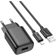 Зарядное устройство HOCO C134A Solid 1xUSB-A, 12W Black w/Lightning cable (6942007621311)