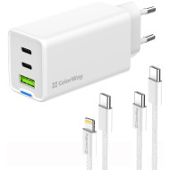 Зарядное устройство COLORWAY GaN Mini 65W 1xUSB-A, 2xUSB-C Fast Charging White w/Lightning+Type-C cable (CW-CHS058PDCL-WT)