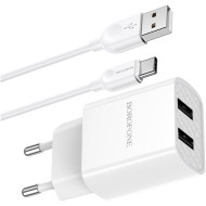 Зарядное устройство BOROFONE BA53A Powerway 2xUSB-A, 2.1A White w/Type-C cable