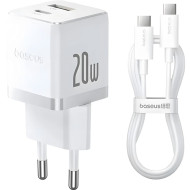 Зарядное устройство BASEUS Palm Fast Charger C+U 20W EU White w/Type-C cable (P10111608213-01)