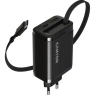 Зарядное устройство CANYON OnCharge 65RC Build-In Cable USB-C, 1xUSB-A, 1xUSB-C, 65W Black (CNS-CURC65ACB)