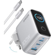 Зарядное устройство ANKER GaN Charger 100W 1xUSB-A, 2xUSB-C PD with Display and Cable Silver w/Type-C cable (B121BG41)