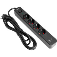 Сетевой фильтр VIDEX Oncord Black, 4 розетки, 1xUSB-C, 1xUSB, 3м (VF-PD43G1QC1PD-B)