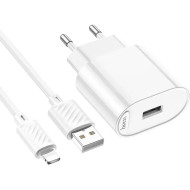 Зарядное устройство HOCO C109A Fighter 1xUSB-A, 2.1A White w/Lightning cable (6942007656597)