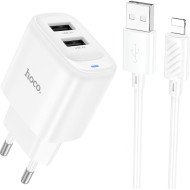 Зарядное устройство HOCO C141A Smart 2xUSB-A,10.5W White w/Lightning cable (6942007627870)