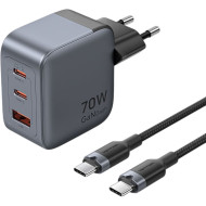 Зарядное устройство VENTION 2xUSB-C, 1xUSB-A GaN Charger 70W Gray w/Type-C cable (TZ-FEXH0-EU)