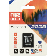 Карта памяти MIBRAND microSDHC 32GB UHS-I Class 10 + SD-adapter (MICDHU1/32GB-A)