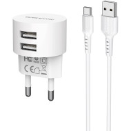 Зарядное устройство BOROFONE BA23A Brilliant 2xUSB-A, 2.4A White w/Type-C cable