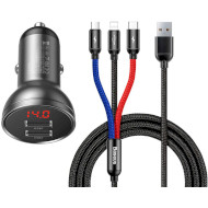 Автомобильное зарядное устройство BASEUS Digital Display Dual USB 4.8A Car Charger 24W Black w/3-in-1 cable (TZCCBX-0G)
