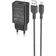 Зарядное устройство BOROFONE BA68AM Glacier 1xUSB-A, 2.1A Black w/Micro-USB cable