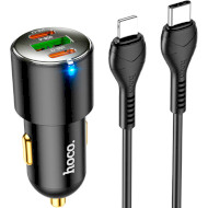 Автомобильное зарядное устройство HOCO NZ6 1xUSB-A, 2xUSB-C, PD45W, QC3.0 Black w/Type-C to Lightning cable (6931474765192)