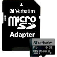 Карта памяти VERBATIM microSD Pro 64GB UHS-I U3 V30 A2 Class 10 + SD-adapter (47042)