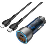 Автомобільний зарядний пристрій HOCO NZ8 Sprinter 1xUSB-A, 2xUSB-C, PD25W, QC3.0 Blue w/Type-C to Lightning cable