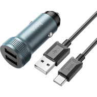 Автомобильное зарядное устройство HOCO Z49A 2xUSB-A, QC3.0 18W Metal Gray w/Type-C cable (6931474795670)