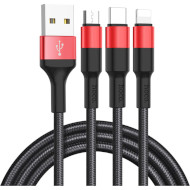Кабель HOCO X26 Xpress 3-in-1 USB-A to M+L+C 1м Black/Red