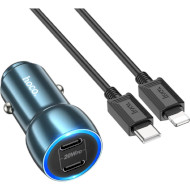 Автомобильное зарядное устройство HOCO Z48 Tough 2xUSB-C 40W Sapphire Blue w/Type-C to Lightning cable (6931474795021)